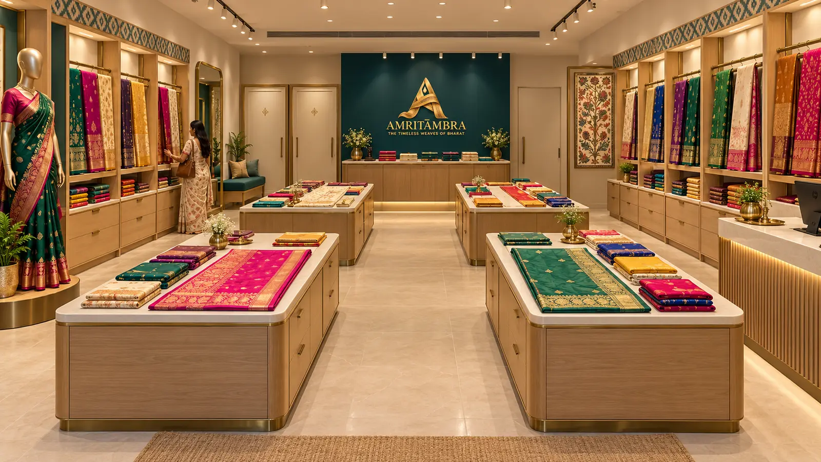 An ivory and warm wood saree showroom design concept with display tables and textile galleries