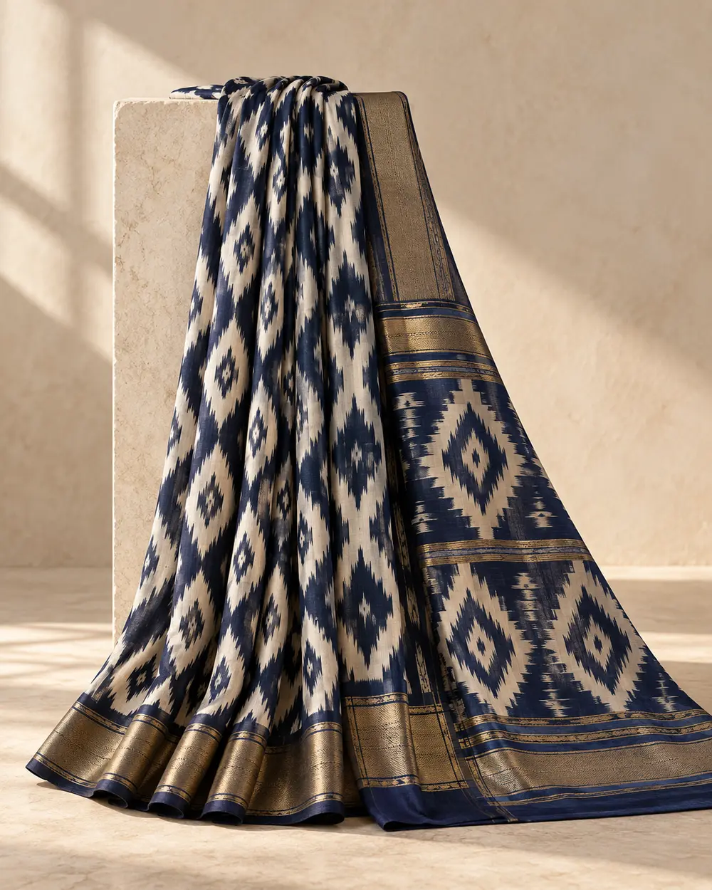 Indigo and ivory geometric ikat-inspired textile, draped in soft light