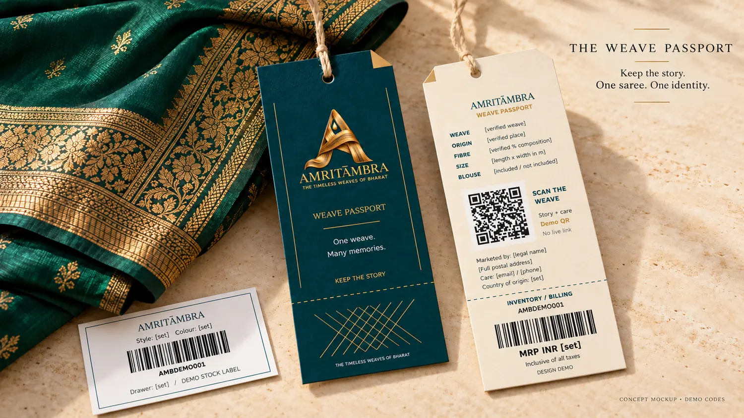 AMRITĀMBRA Weave Passport label concept in teal and gold, with a QR and separate price strip